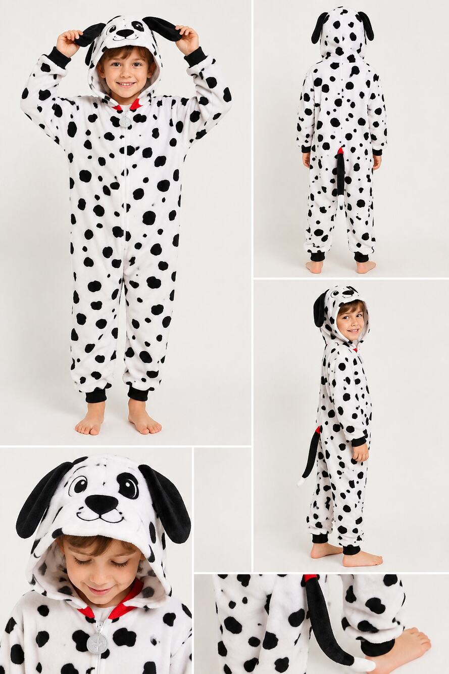 Kids Dalmatian Dog Costume Onesie Black White Halloween Toddler Youth